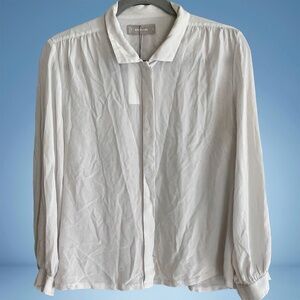 Everlane Light Gray White 100% Silk Sz 8 Collared Long Sleeve Shirt Blouse